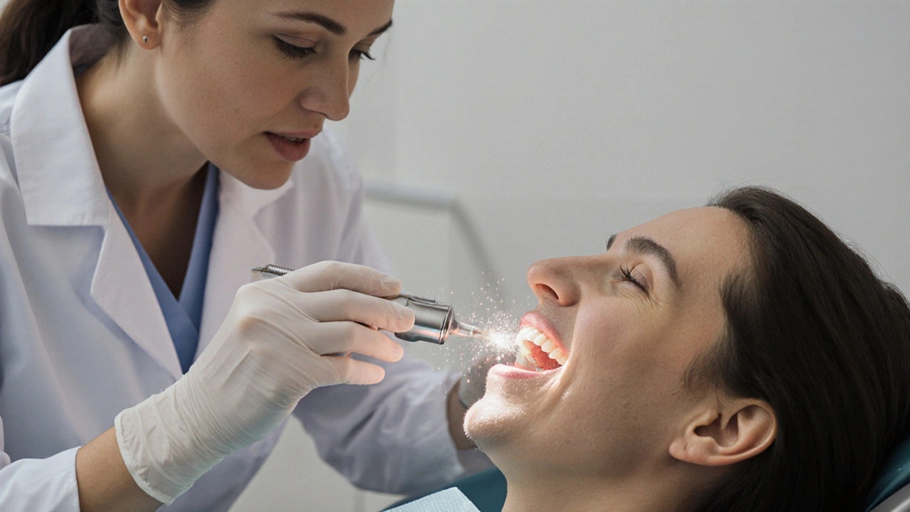 Dentální hygienistka používá ultrazvukový skalér k odstranění zubního kamene.