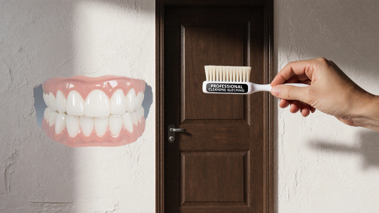 Dveře na tmavé barvě vedle bílých stěn jako symbol nesouladu mezi vybělenými zuby a nezměněnými veneery.