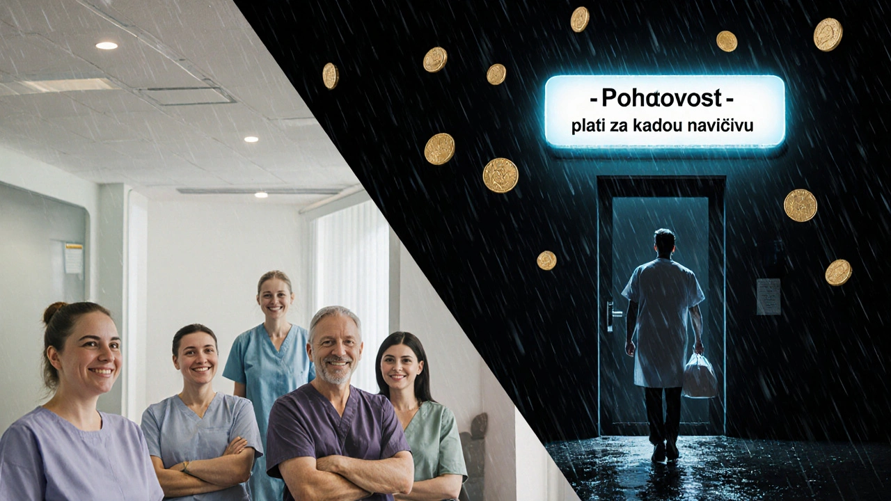 Dvojí scéna: denní klidná zubní ordinace a noční lékař v dešti jde na pohotovost.