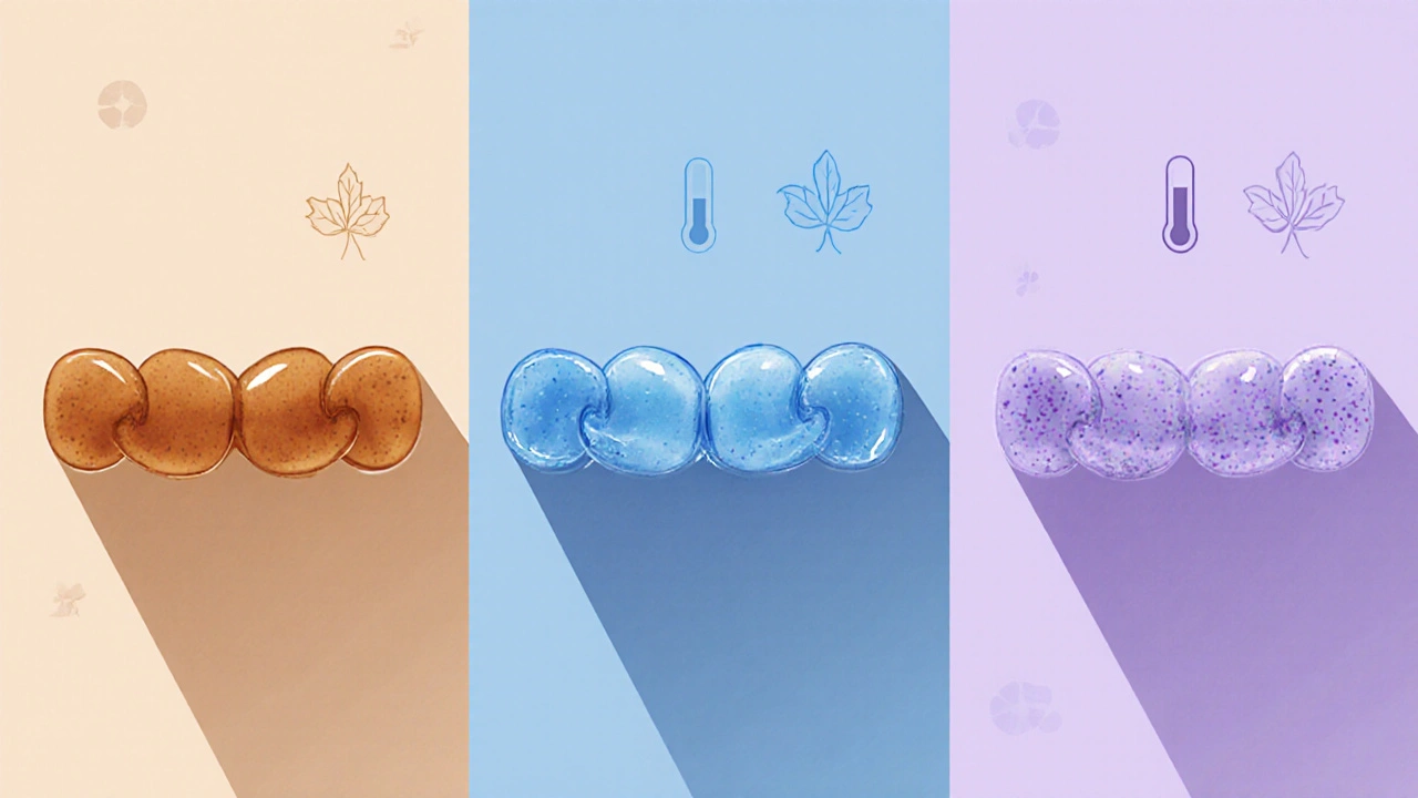 Ilustrace tří materiálů gumiček: latex, silikon a elastomerová směs, zobrazené v oddělených sekcích.