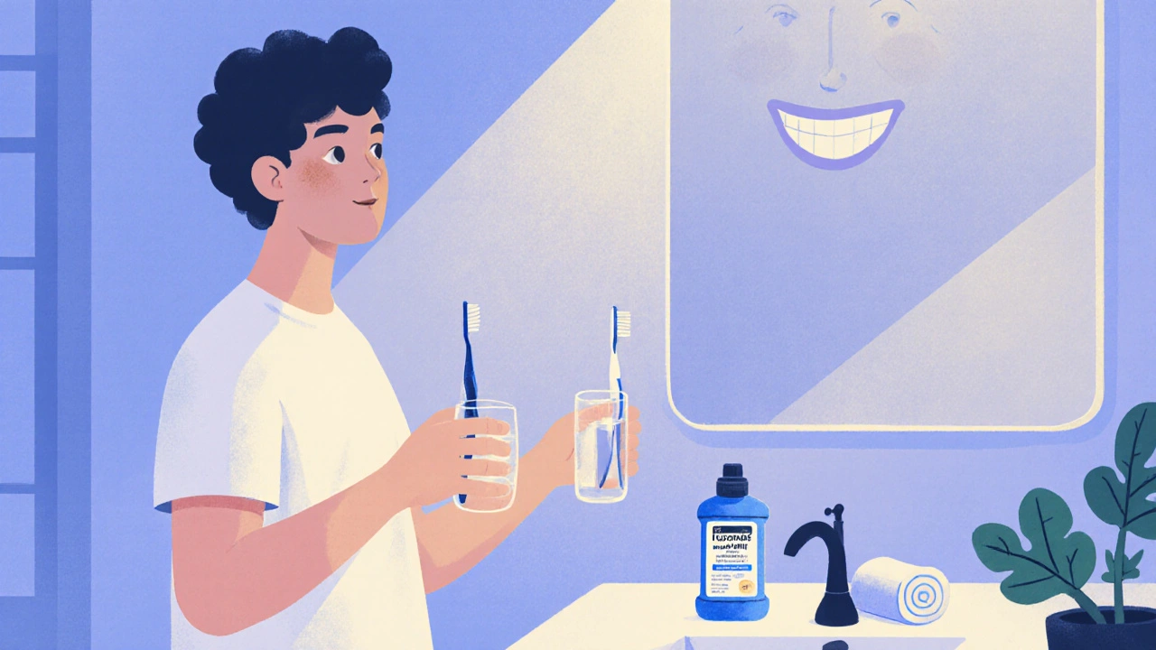 Jemná pastelová scéna večerní hygieny: osoba používá vodu, mezizubní kartáček a fluoridovou ústní vodu.