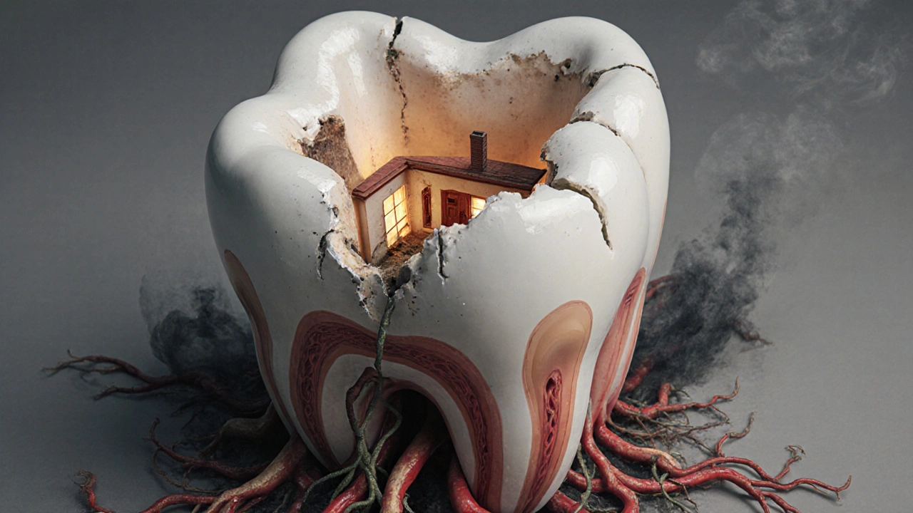 Keramická korunka zakrývá mrtvý zub, pod ním se šíří infekce do kosti.