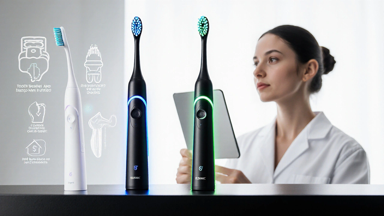 Na černém podkladu leží ultrazvukový, elektrický a manuální kartáč; v pozadí dentistka.