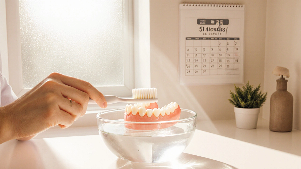 Osoba čistí protézu v koupelně, sluneční světlo osvětluje scénu.