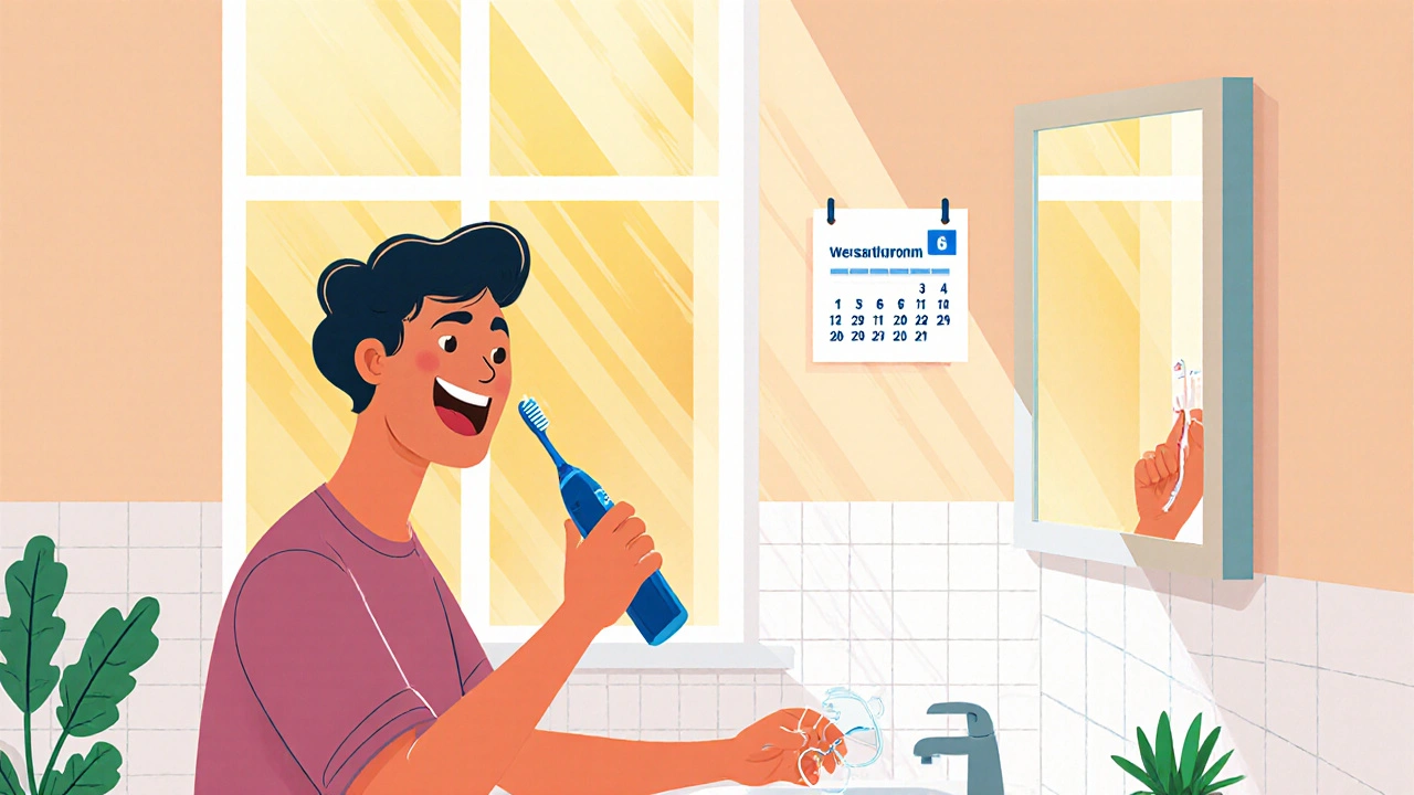 Osoba si doma čistí zuby elektrickým kartáčkem, používá nit a má úsměv.
