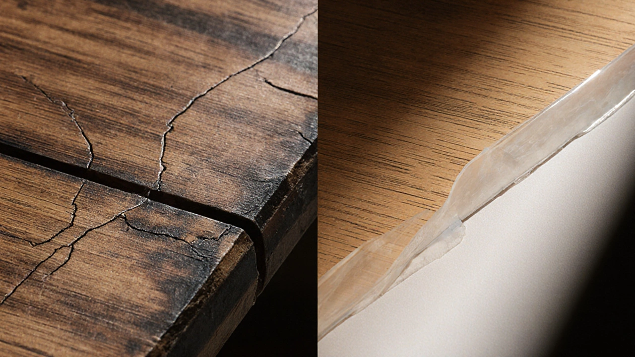 Side-by-side comparison of stained versus restored dental veneers.