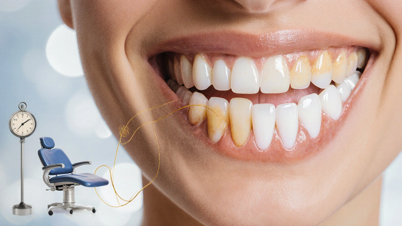 Smile showing contrast between faded and pristine ceramic veneers.