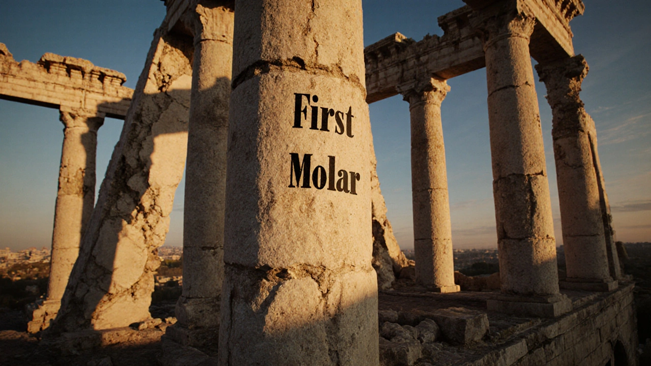 Symbolic bridge with central pillar representing the first molar.