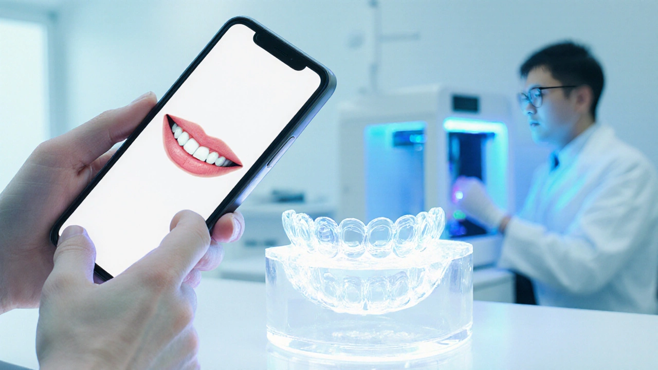 Ukázka digitálního skenu a průhledných alignerů ve futuristické laboratoři.