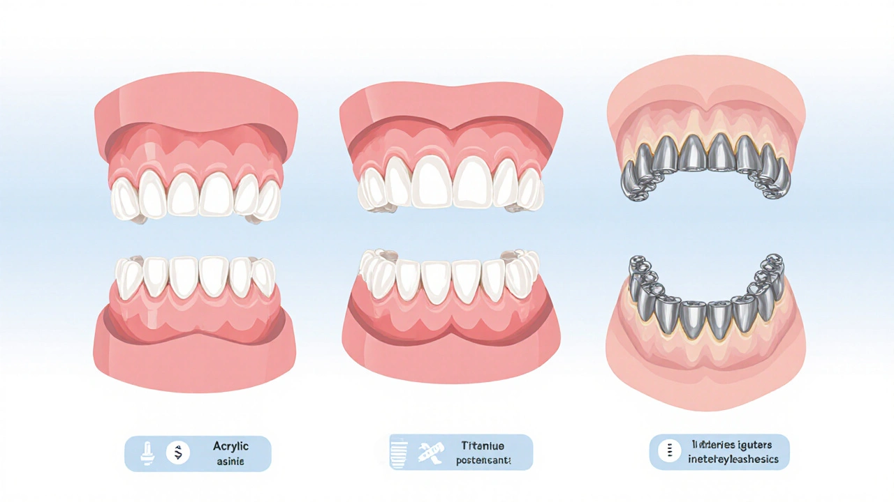 Vedle sebe zobrazeny částečná, kompletní a implantátová protéza.