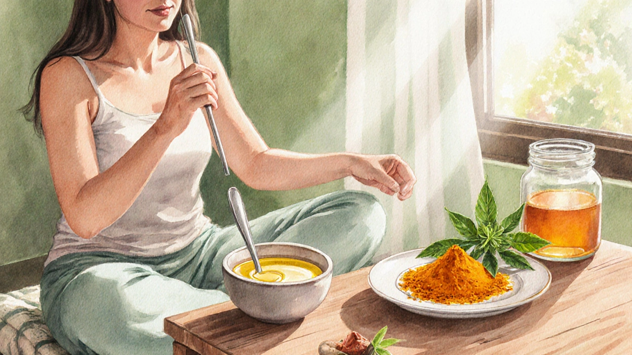Žena provádí rituál ayurvédské péče o ústa – oil pulling, neem a kurkuma.