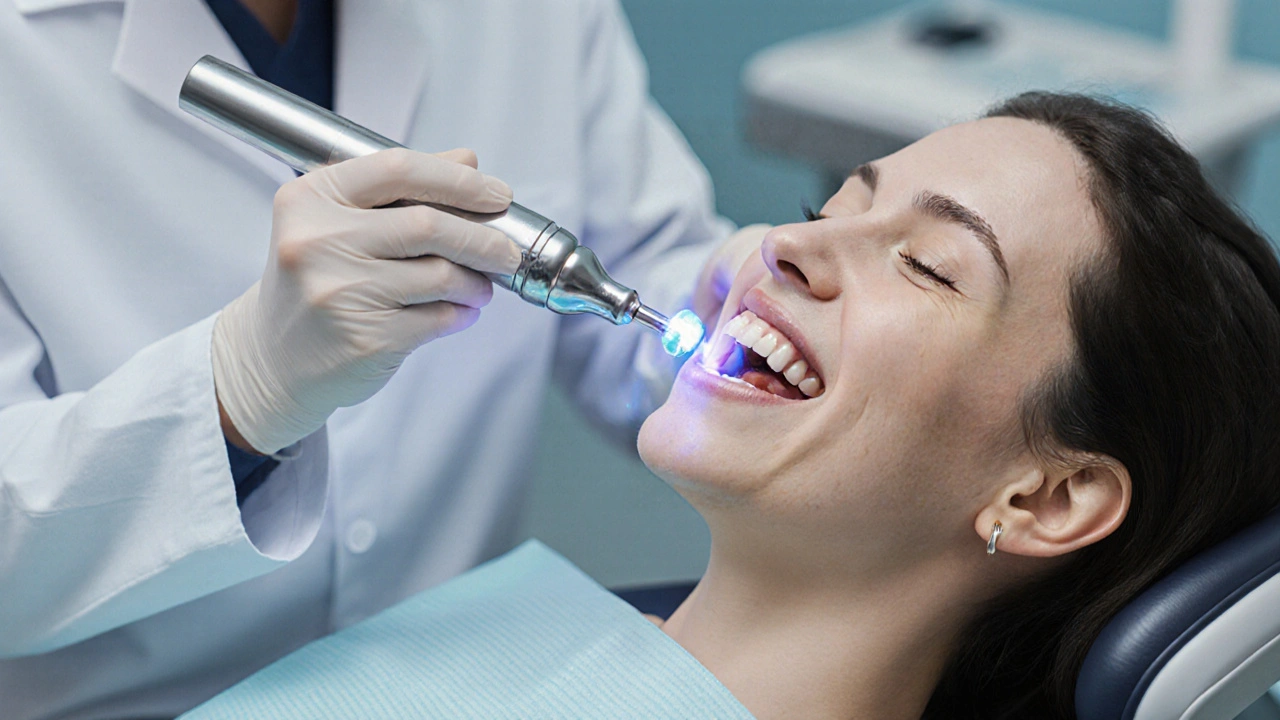 Zubař používá ultrazvukový čistič na zubním kameni u pacienta v dentální klinice.