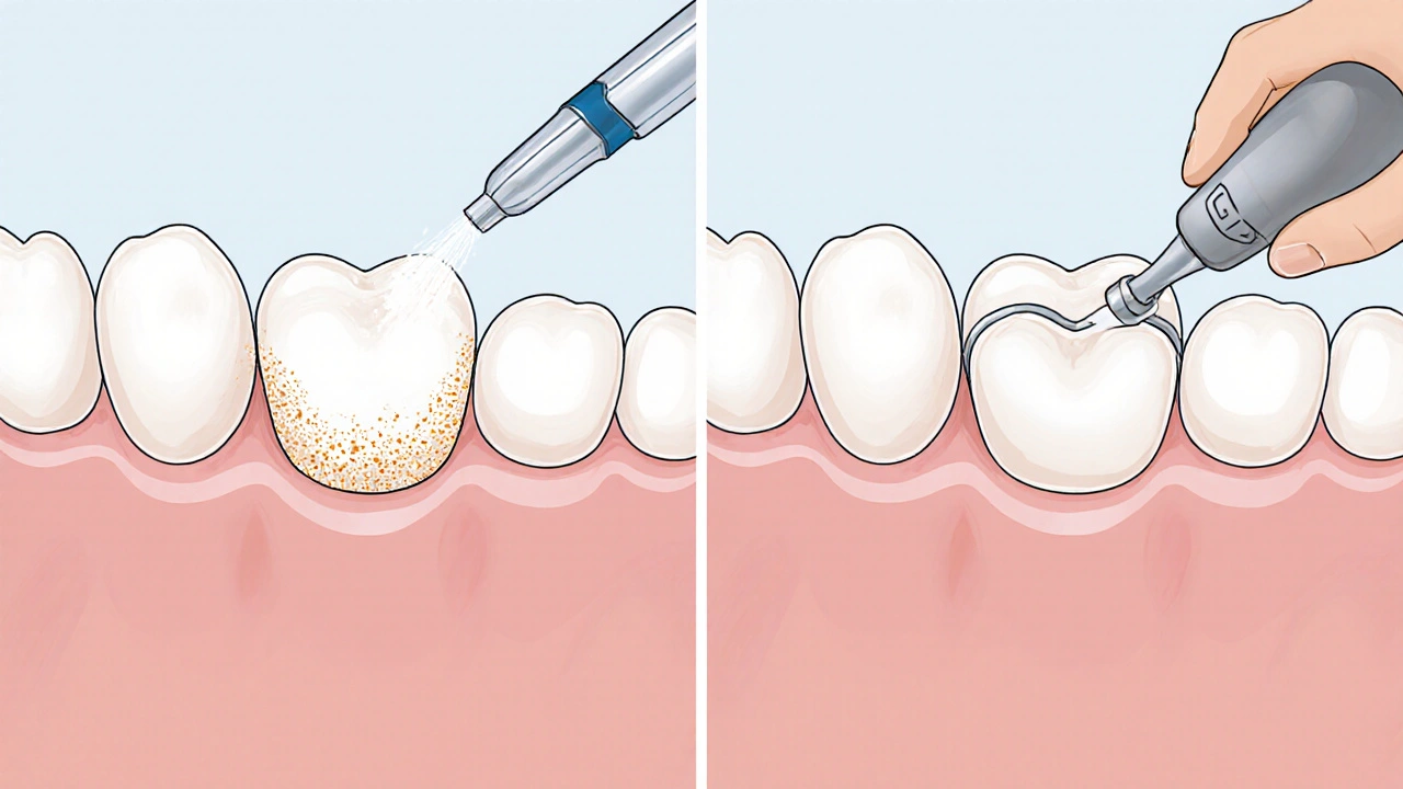 Zubní hygienistka čistí veneery pomocí zařízení air-flow, odstraňuje plak bez poškození povrchu.