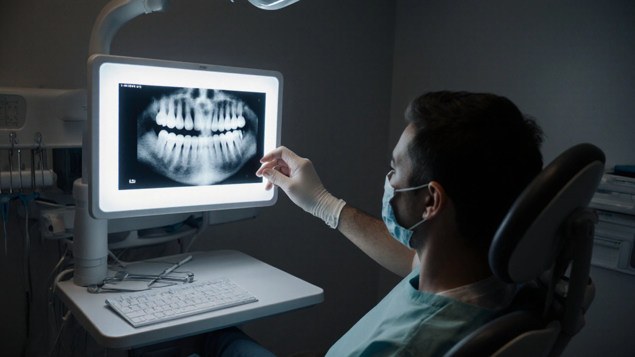 Zubní lékař prohlíží rentgenový snímek zubu s infekcí.