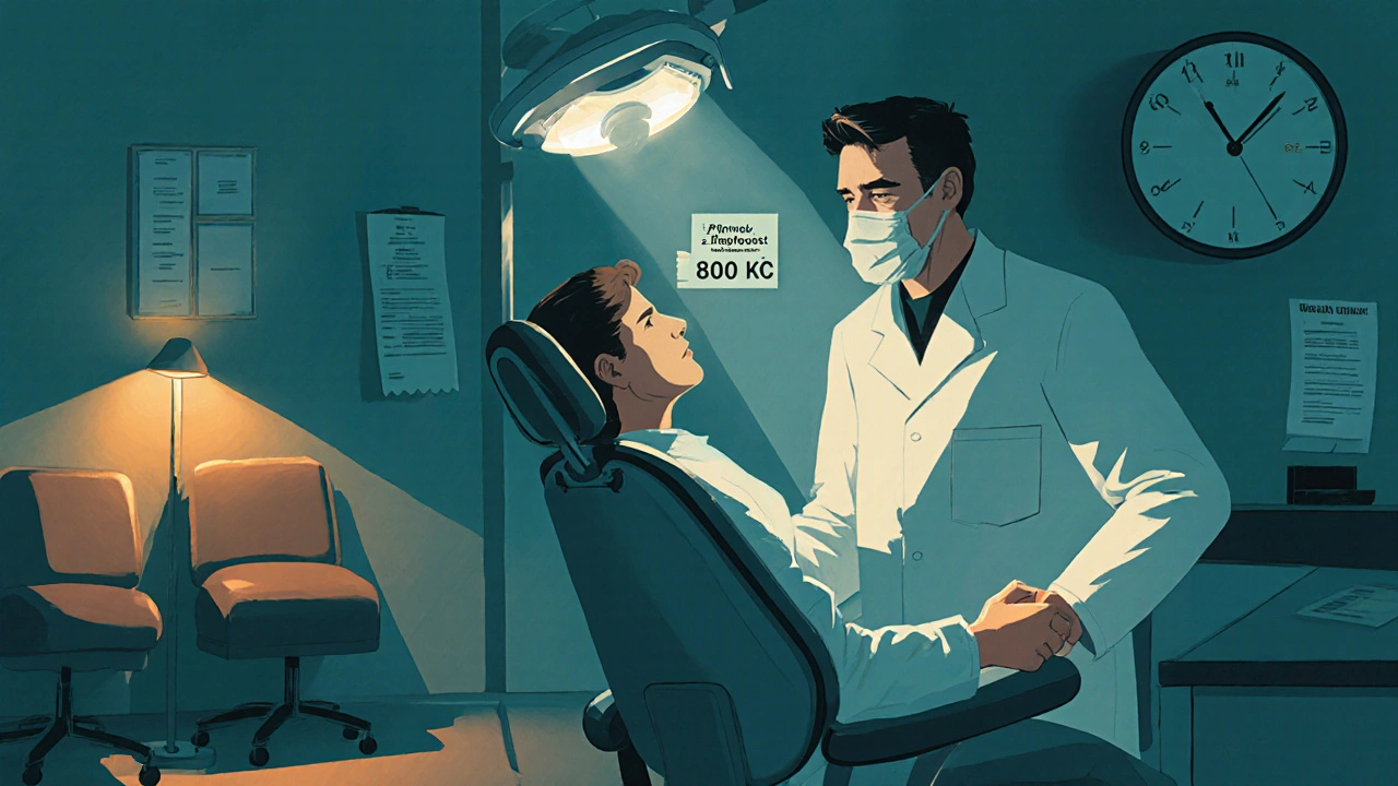 Zubní lékař vyšetřuje pacienta v noci v ordinaci s výpisem poplatku.