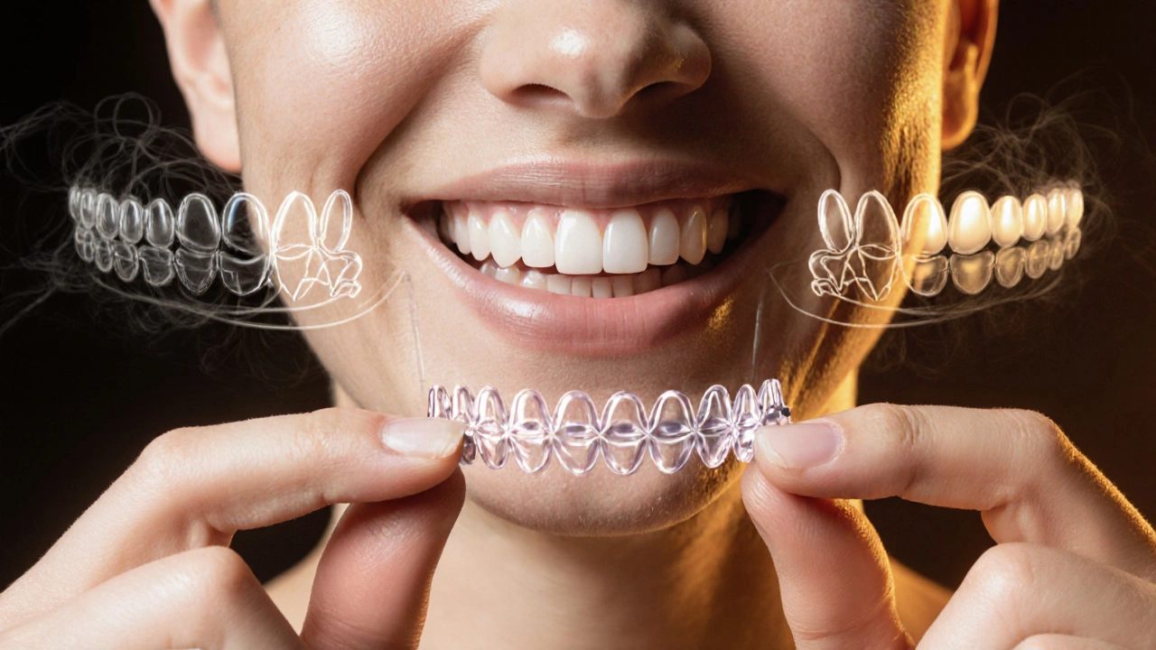 Adult holding a clear aligner with a fading image of crooked teeth behind them, symbolizing dental transformation.