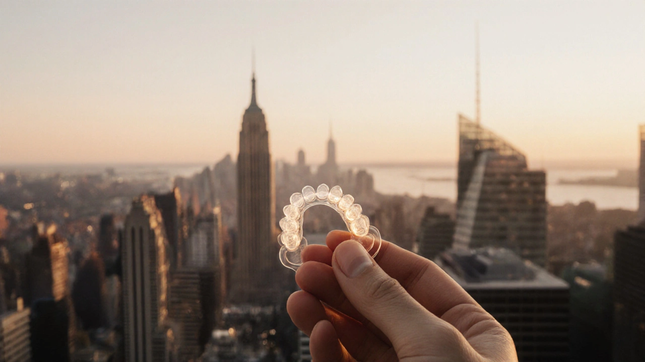 Clear retainer held in hand against city skyline at dusk