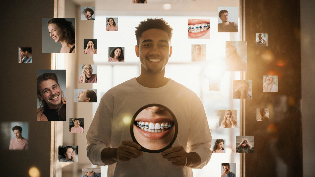 Člověk v klinice hledí do zrcadla a vidí svůj nový úsměv.