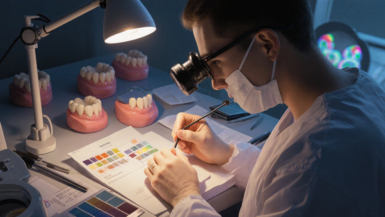 Dentální technik v laboratoři detailně barví keramickou fazetu pod lupa.