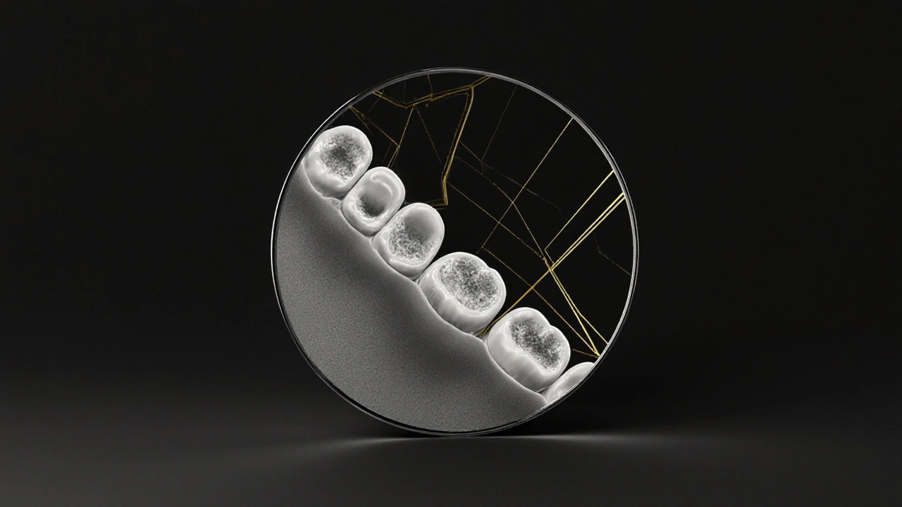 Dentální zrcátko s odrazem mikroskopických příznaků zubních chorob v zlatém záření.