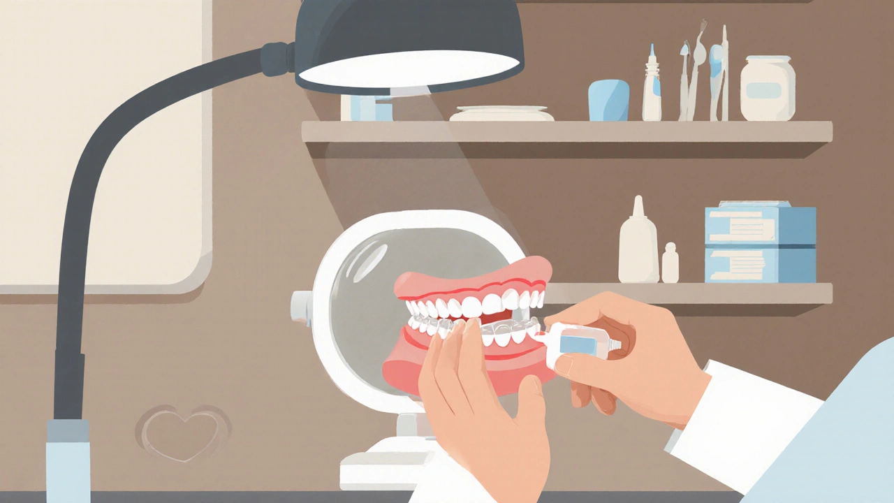 Dentista jemně upravuje zubní protézu v kanceláři pomocí lepidla pod lůžkem.