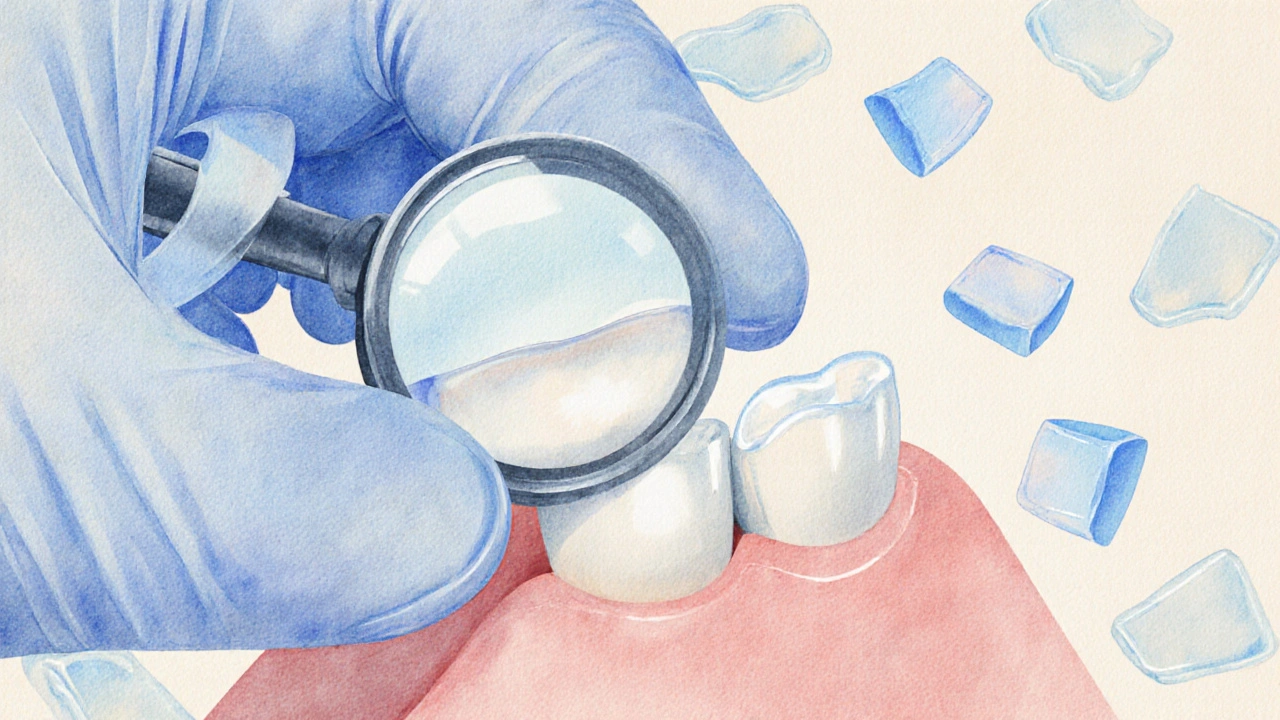 Dentista přikládá tenkou keramickou fazetu na zub, viditelná je její mikroskopická tloušťka.