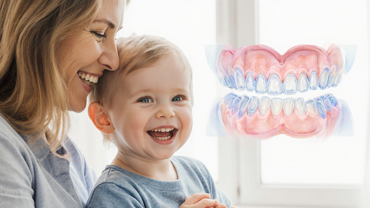 Dítě se vrozenou vadou zubů široce šťastně usmívá.