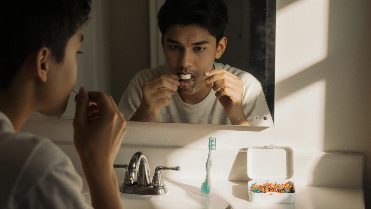 Dívka vyměňuje gumičky na rovnátka před zrcadlem.