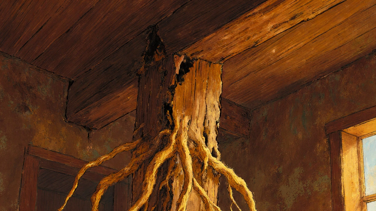 Dřevěný sloup rozkládající se zevnitř jako symbol zanedbávaného zubního kazu.