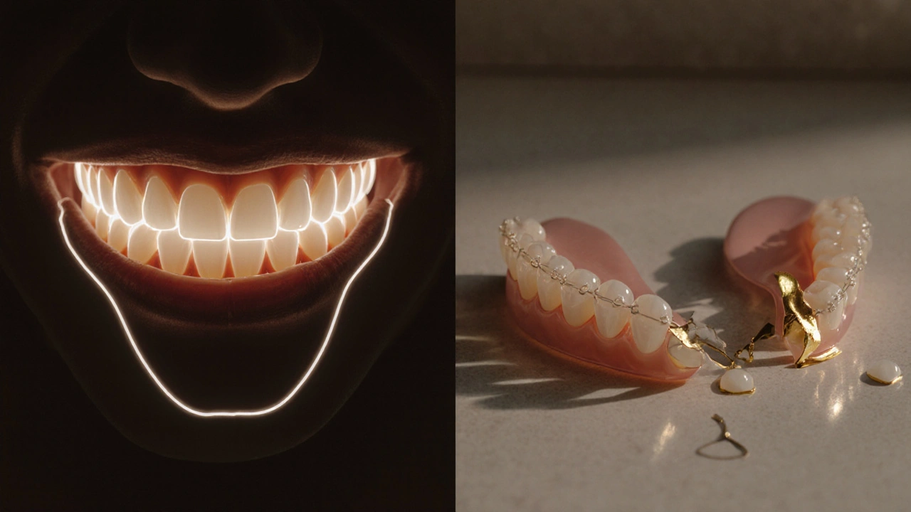 Dvě sady zubů: jedny rovné s retainerem, druhé špatně zarovnané s poškozeným retainerem.