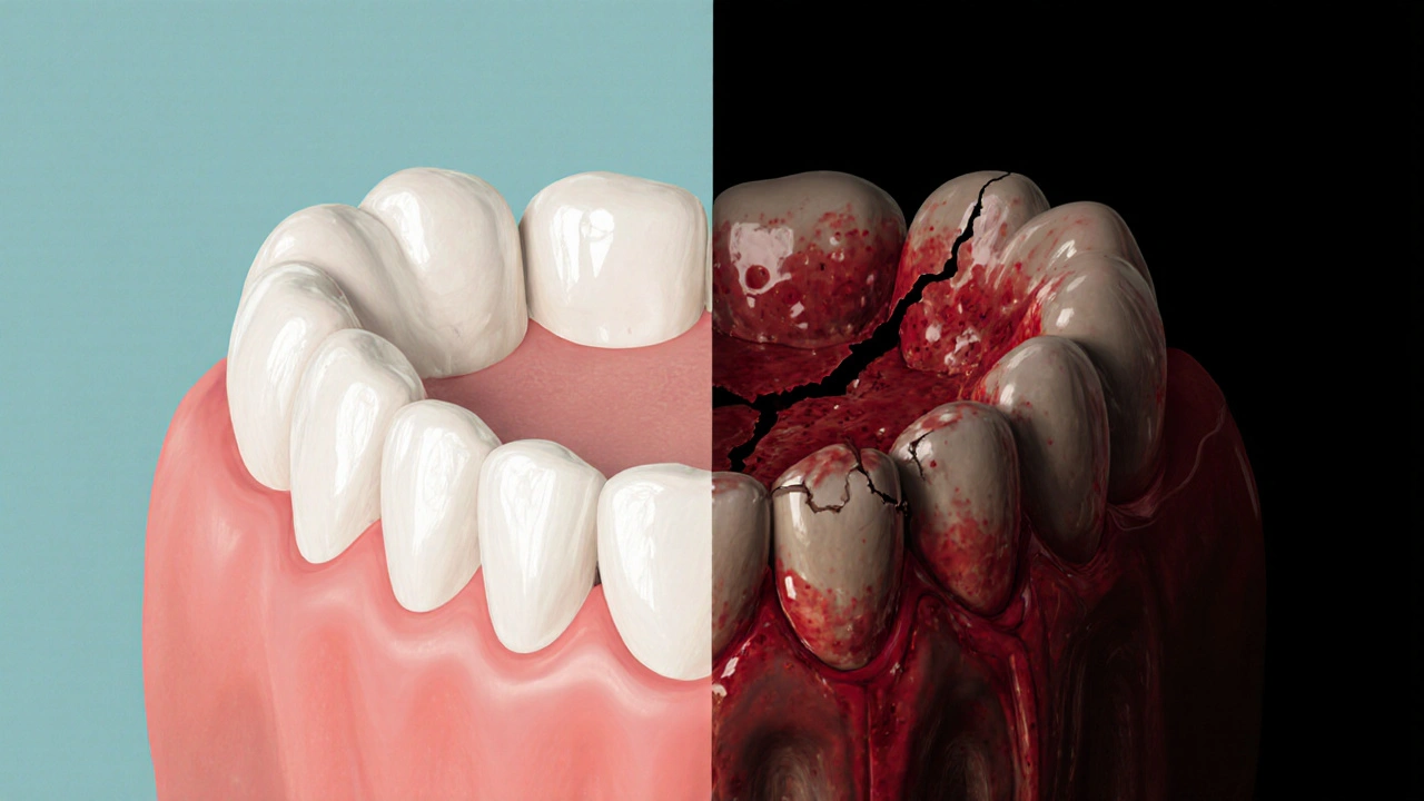 Dvojí obraz: zdravý zub na jedné straně, infekce šířící se do čelisti na druhé.