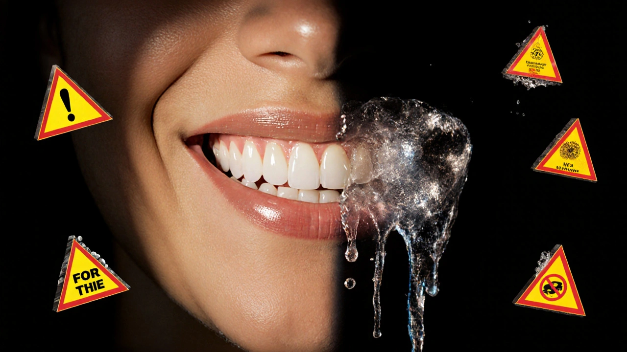 Dvoučelný úsměv: zdravá strana vs. poškozená sklovinou s příznaky citlivosti.