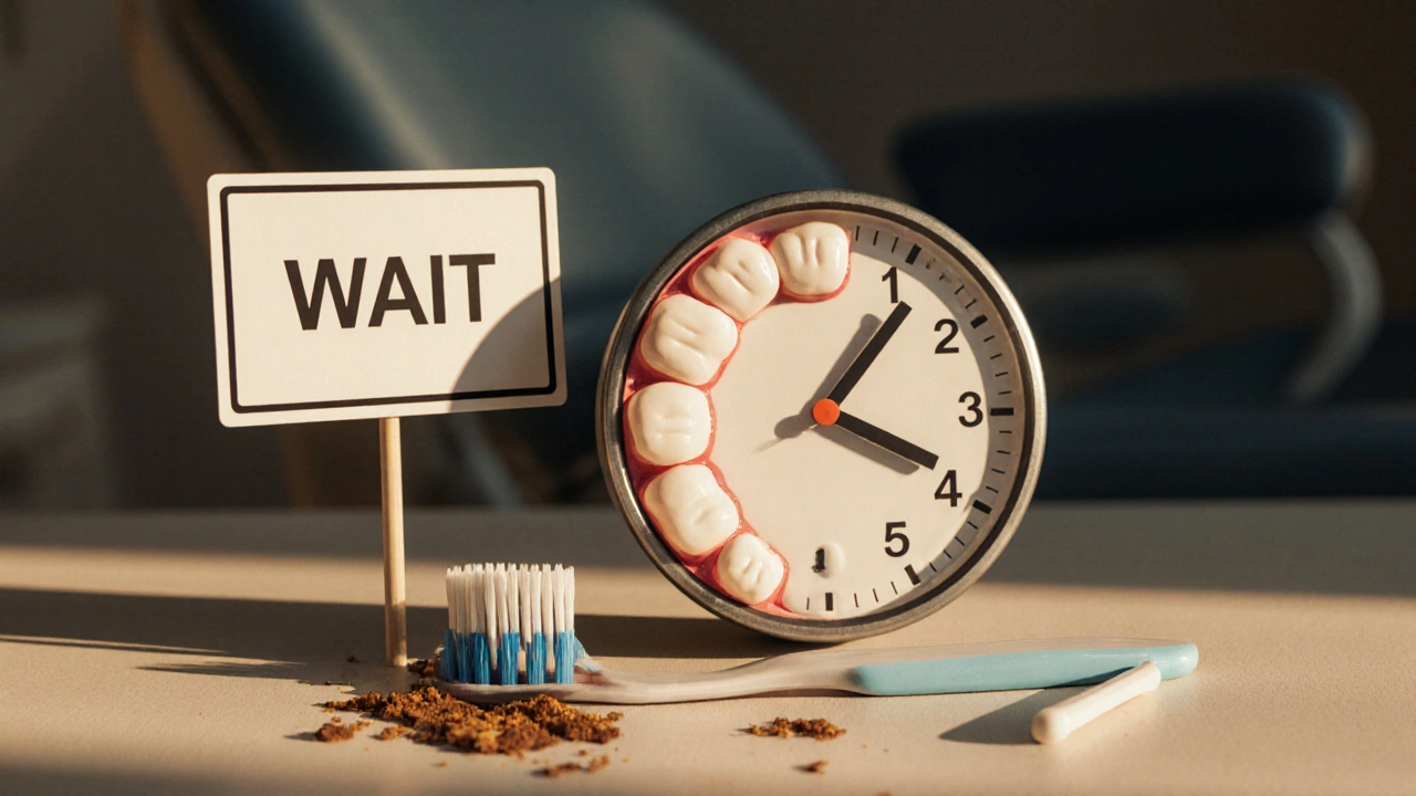 Hodiny s zuby namísto čísel, ručičky zastavené na 6 hodinách, symbolizující čekání po anestezii.