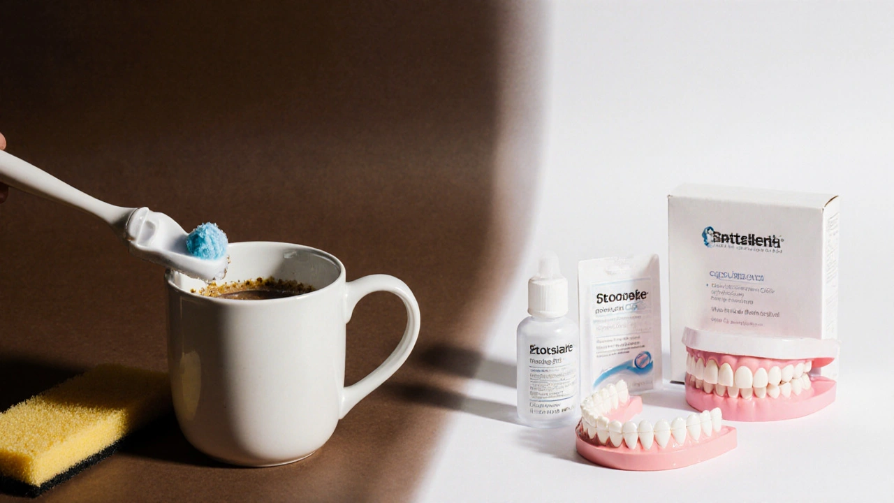 Houbička čistící šálek vedle bělící sady pro zuby – symbolické srovnání čištění a bělení.