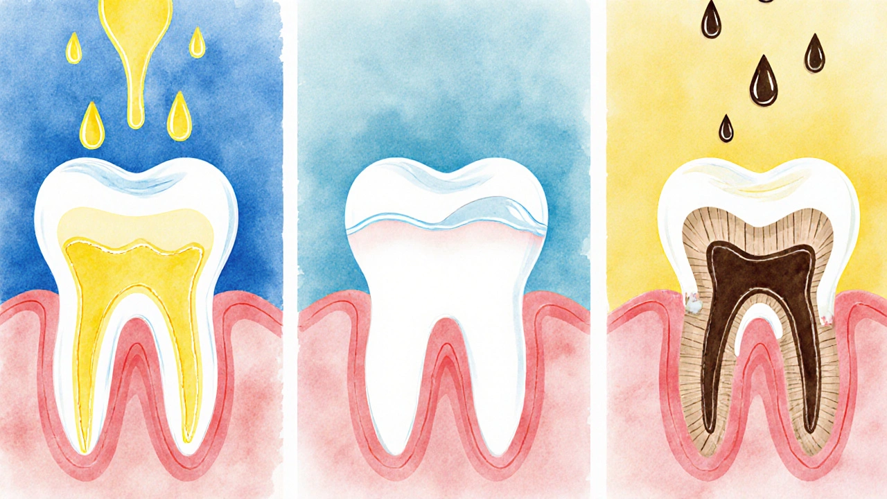 Ilustrace postupného vymírání skloviny pod vlivem kyselých nápojů.