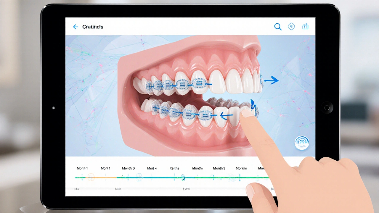 Interactive tablet screen displaying a 3D jaw model with animated tooth movements during orthodontic treatment.