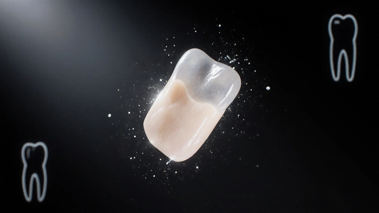 Keramická fazeta ve světle s detaily povrchu a lepicí vrstvou.