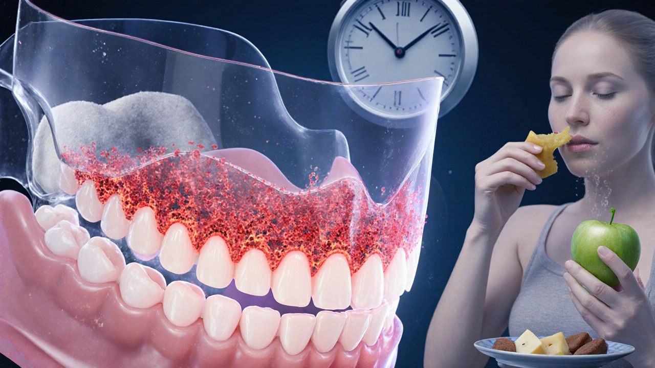 Koncepční obraz bakterií mezi zuby a ochranným štítem z kalcia a čaje