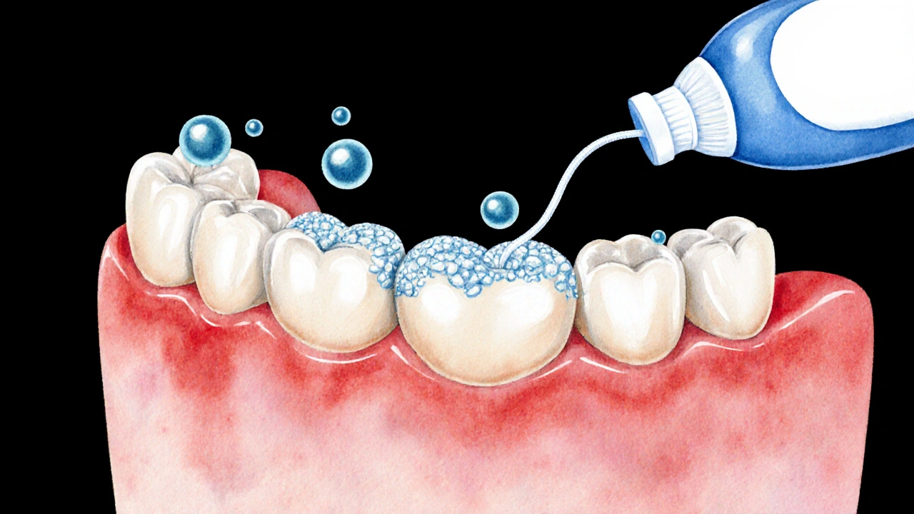 Křížový řez úst s odstraňováním plaku zubní nití a posilováním skloviny fluoridem.