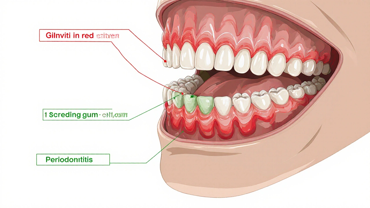 Křížový řez ústní dutiny s ukázkou zánětu dásní a plaku na zubech.