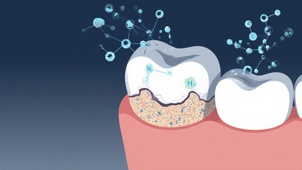 Křížový řez zubu s poškozenou emalí způsobenou peroxidem vodíku.