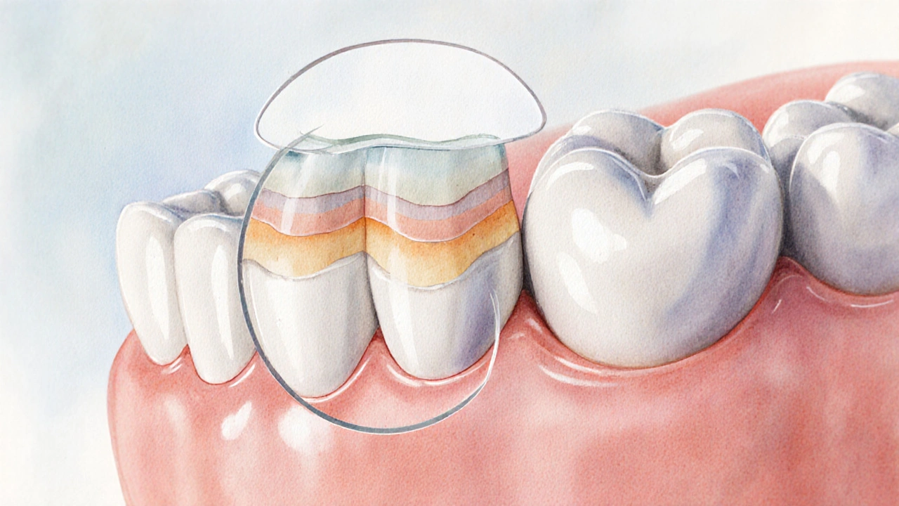 Magnified view of a ceramic veneer with natural enamel-like layers on a tooth.