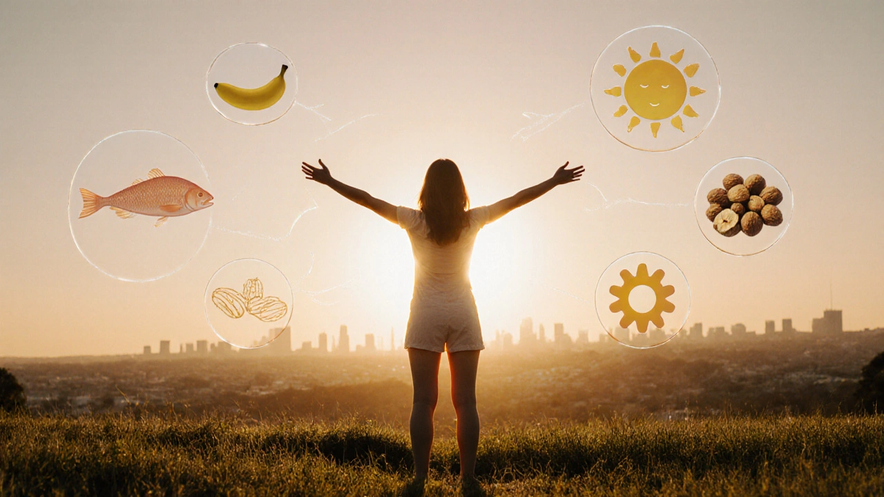 Osoba na trávníku ve slunečném západu, ruce otevřené k slunci, kolem ní symboly potravin.