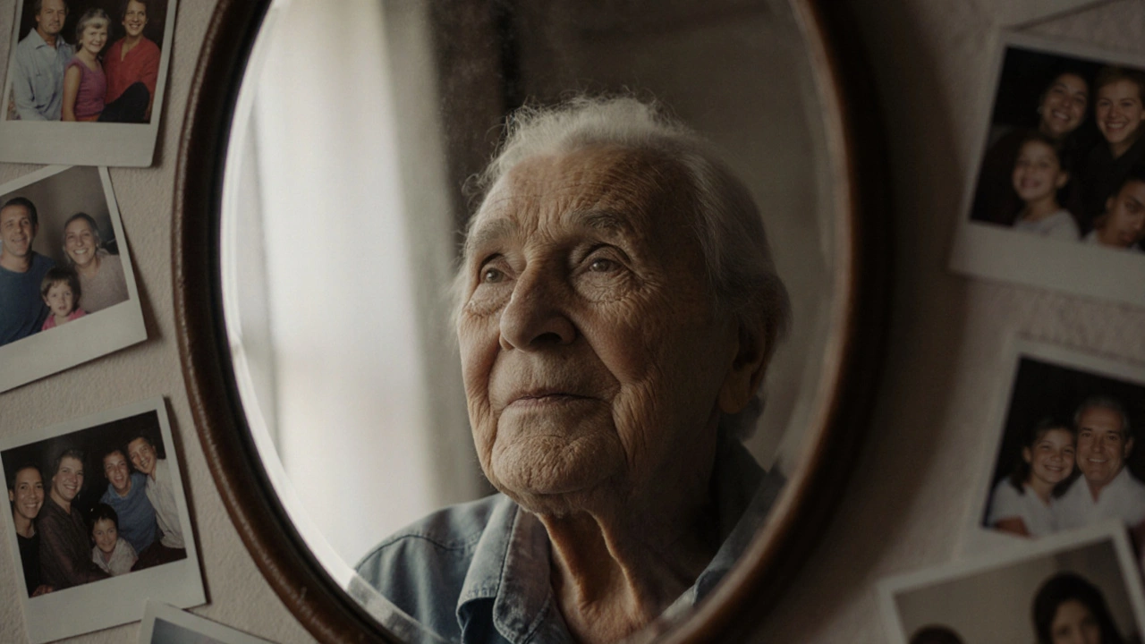 Osoba s chybějícími zuby se dívá pryč z zrcadla, pláčí.