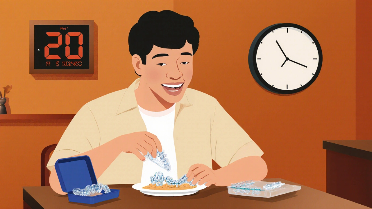 Osoba si během oběda vyndává rovnátka, na stole je malý kontejner.