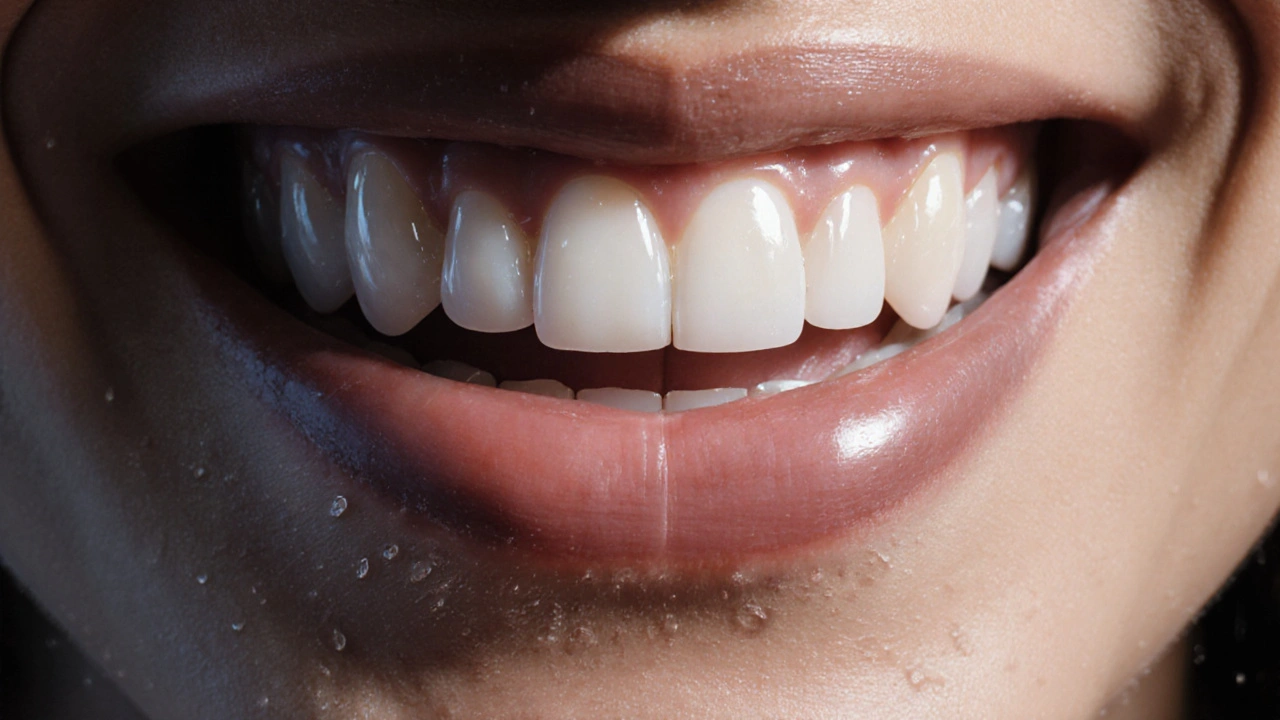 Pohled zespoda na ústa s jedním zubem s počátečním kariésem.