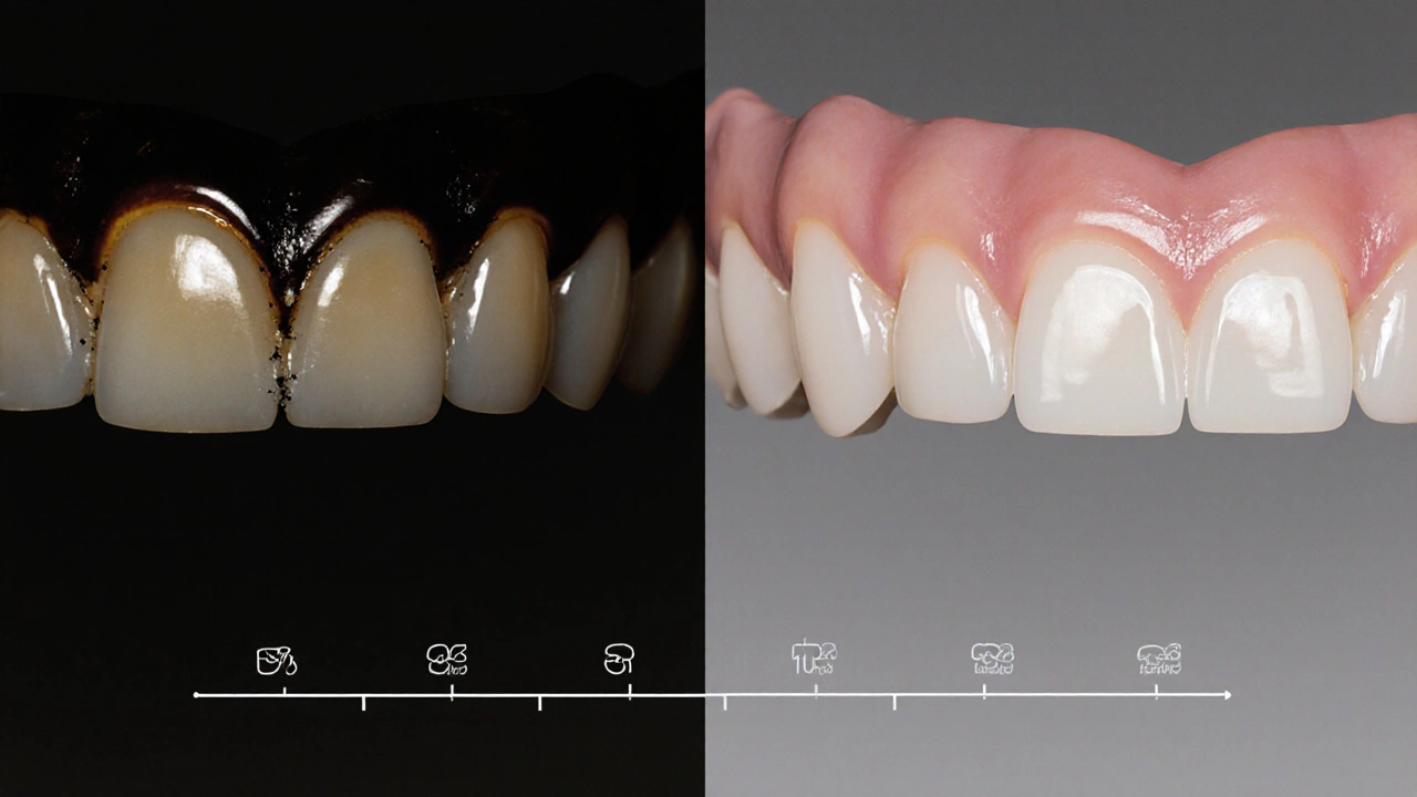 Porovnání staré metalokeramické fazety a moderní celokeramické po deseti letech.