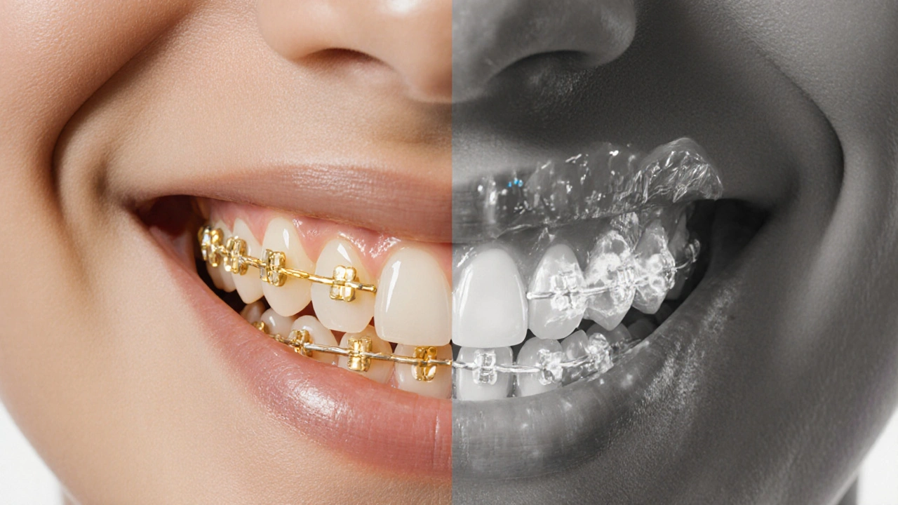 Porovnání zdravých zubů po odstranění rovnátek a poškozených zubů z důvodu špatné hygieny.