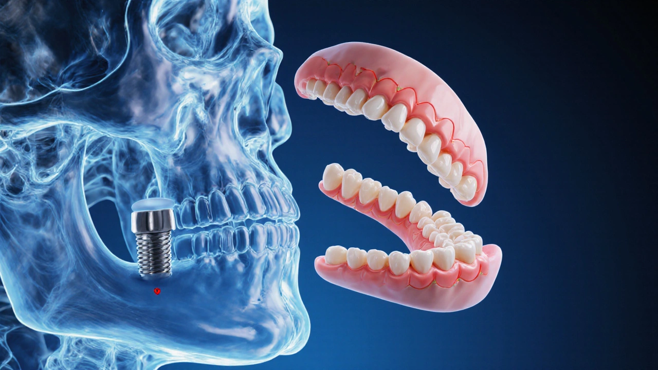 Porovnání zubního implantátu a pohyblivé protézy na čelisti.