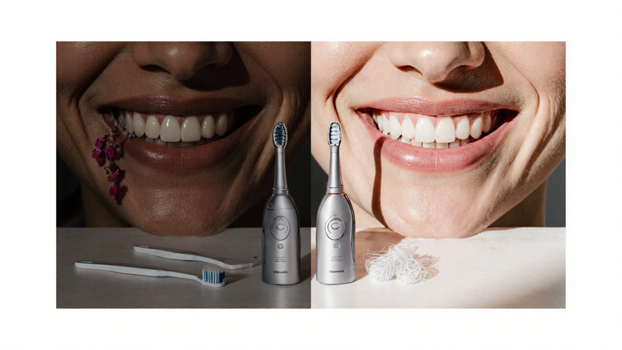 Porovnání zubů před a po použití ultrazvukového čističe s zdravými dásněmi.